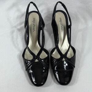 Easy Street Stitch Black Patent Slingback Pumps Kitten Heel Womens 10 M 40-0382